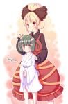  2girls :o blonde_hair blush bow breasts cross_eyed dress furim green_hair hair_bobbles hair_bow hair_bun hair_ornament hair_up hands_together highres kisume kurodani_yamame large_breasts long_sleeves looking_down multiple_girls nervous red_eyes robe sash short_hair small_breasts touhou two_side_up 