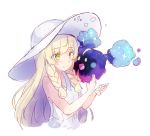  1girl bangs bare_arms blonde_hair blush braid closed_mouth collared_dress cosmog dress eyebrows_visible_through_hair green_eyes hat lillie_(pokemon) long_hair nakaochi_roguma pokemon pokemon_(creature) pokemon_(game) pokemon_sm simple_background sleeveless sleeveless_dress smile solo sun_hat sundress twin_braids upper_body white_background white_dress white_hat 