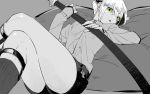  1boy garters green_eyes hotarumaru kneehighs legs_crossed male_focus monochrome ootachi pillow shorts sitting sock_garters solo spot_color sword tobacco_(tabakokobata) touken_ranbu weapon 