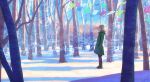  1girl bare_tree coat female fish forest hands_in_pockets hiko_(scape) hill light_brown_hair light_particles magic morning nature original outdoors plant profile scenery shadow short_hair sky snow solo tree winter_clothes 