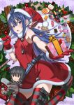  1girl ahoge blue_eyes blue_hair box dress gift gift_bag gift_box gloves hair_between_eyes hat honjou_raita imca kurt_irving long_hair looking_at_viewer open_mouth ponytail red_dress red_gloves red_hat santa_gloves santa_hat sante_gloves senjou_no_valkyria senjou_no_valkyria_3 sleeveless sleeveless_dress solo striped striped_legwear sweatdrop thigh-highs watermark 