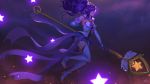  1girl alternate_costume blue_eyes boots breasts elbow_gloves floating floating_hair gloves highres janna_windforce large_breasts league_of_legends long_hair magical_girl pointy_ears ponytail purple_hair sky solo staff star star_(sky) star_guardian_janna starry_sky steamy_tomato thigh-highs 