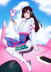  1girl acronym adapted_costume arm_at_side artist_name bangs blue_sky bodysuit boots bracer brown_eyes brown_hair closed_mouth clothes_writing clouds cloudy_sky cropped_jacket d.va_(overwatch) day eyelashes facepaint facial_mark full_body gloves hand_up headphones highres hologram hood hood_down hooded_jacket hoodie jacket lips long_hair long_sleeves looking_at_viewer mecha meka_(overwatch) nose overwatch pauldrons pilot_suit pink_lips purple_bodysuit ribbed_bodysuit selkiene shoulder_pads sitting sky smile solo thigh-highs thigh_boots thigh_strap turtleneck whisker_markings white_boots white_gloves white_hood white_jacket zipper 