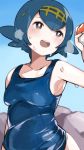  1girl armpits blue_hair hairband holding holding_poke_ball one-piece_swimsuit open_mouth poke_ball pokemon pokemon_(game) pokemon_sm short_hair solo suiren_(pokemon) swimsuit toi_(toiot) trial_captain 