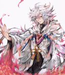  1boy ahoge fate/grand_order fate/stay_night fate_(series) hood irorigumi male_focus merlin_(fate/stay_night) one_eye_closed petals robe smile solo white_hair 
