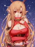  blush brown_eyes brown_hair christmas cleavage_sweater collar detached_sleeves dress elf horns large_breasts long_hair navel pointed_ears suspenders sword_art_online yuuki_asuna 