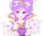  1girl alternate_costume blue_eyes blush elbow_gloves gloves hair_ornament janna_windforce kuro-mu league_of_legends long_hair magical_girl open_mouth outstretched_arms pointy_ears purple_hair solo star star_guardian_janna 