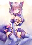  1girl animal_ears bare_shoulders between_legs blue_legwear blush bow breasts claws cleavage costume elbow_gloves eyebrows_visible_through_hair fate/grand_order fate_(series) fur_collar fur_trim glint gloves hair_between_eyes hand_between_legs lavender_hair looking_at_viewer medium_breasts navel o-ring_top parted_lips pink_bow plastic_moon shielder_(fate/grand_order) sitting solo sparkle striped striped_bow tail thigh-highs twitter_username violet_eyes wolf_ears wolf_tail 
