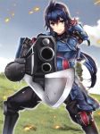  1girl armor blue_eyes blue_hair gun holding holding_gun holding_weapon imca long_hair looking_at_viewer military military_uniform outdoors riffle senjou_no_valkyria senjou_no_valkyria_3 solo t-track_(artist) uniform weapon 