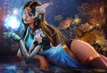  1girl dark_skin flower mechanical_arm overwatch parted_lips partially_submerged ripples solo symmetra_(overwatch) thigh-highs visor water yang_fan 