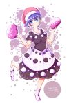  1girl barefoot blob blue_eyes blue_hair blush breasts doremy_sweet dream_soul dress furim hat highres layered_dress medium_breasts nightcap single_sock smile socks socks_removed solo standing standing_on_one_leg touhou 