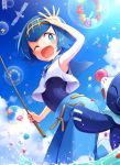 1girl arm_up armpits blue_eyes blue_hair blue_pants blue_sky blush bright_pupils bubble clouds covered_navel day fishing_rod flower from_below hairband holding holding_fishing_rod ocean one-piece_swimsuit one_eye_closed open_mouth outdoors pants petals pokemon pokemon_(game) pokemon_sm popplio sailor_collar school_swimsuit shirt short_hair sky sleeveless sleeveless_shirt splashing suiren_(pokemon) swimsuit swimsuit_under_clothes trial_captain wading wet wet_clothes wet_hair wingull wreath zattape 