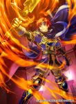  1boy armor artist_request blue_eyes boots cape company_connection copyright_name fingerless_gloves fire fire_emblem fire_emblem:_fuuin_no_tsurugi fire_emblem_cipher gloves headband holding holding_weapon male_focus redhead roy_(fire_emblem) serious short_hair sword thigh-highs thigh_boots weapon 