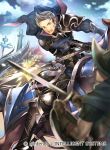  2boys armor blue_hair cape company_name cyrus_(fire_emblem_if) faceless fighting fire_emblem fire_emblem_cipher fire_emblem_if gloves green_eyes helmet horse multiple_boys nagahama_megumi official_art open_mouth polearm shield sky spear sword teeth weapon 