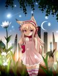  1girl animal_ears blonde_hair book breasts cityscape cleavage crescent_moon dress fox_ears fox_tail frilled_dress frills hairband highres holding holding_book long_hair michaelangelo_salvoropartanen moon night original red_eyes short_dress sleeveless sleeveless_dress tail 
