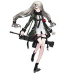  1girl armband belt bipod black_scarf carrying carrying_over_shoulder eyebrows full_body girls_frontline green_jacket grey_eyes grey_hair gun h&amp;k_mg4 hair_ornament hairclip heckler_&amp;_koch holster jacket long_hair looking_at_viewer machine_gun mg4_(girls_frontline) necktie official_art parted_lips personification scarf shirt shorts skinny solo standing standing_on_one_leg star star_print strap symbol thigh_holster transparent_background twintails weapon white_shirt 