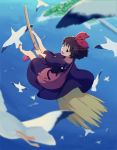  1girl :d aka-shiro animal artist_name bag bare_legs bird black_cat black_hair blurry broom broom_riding brown_shoes cat depth_of_field dress flying from_above from_behind full_body hair_ribbon hairband harbor island jiji_(majo_no_takkyuubin) kiki long_sleeves looking_at_viewer looking_back looking_up majo_no_takkyuubin no_socks ocean open_mouth over_shoulder perspective purple_dress red_ribbon ribbon round_teeth satchel seagull shoes short_hair sitting smile solo teeth water 