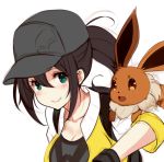  1girl bangs baseball_cap black_gloves black_hair blush breasts cleavage collarbone eevee female_protagonist_(pokemon_go) gloves green_eyes hair_between_eyes hat jacket kujou_ichiso large_breasts pokemon pokemon_go ponytail simple_background sleeves_rolled_up smile solo white_background 