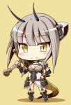  1girl armor armored_boots boots braid breasts brown_eyes brown_hair busoushinkimms chibi cleavage closed_mouth dragon_horns dragon_tail eyebrows_visible_through_hair eyeshadow full_body genderswap genderswap_(mtf) hand_on_hip highres holding holding_sword holding_weapon horns la_pucelle_(mahoiku) long_hair looking_at_viewer magical_girl mahou_shoujo_ikusei_keikaku makeup medium_breasts shadow simple_background slit_pupils smile solo sword tail weapon yellow_background 