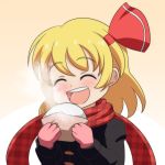  1girl :d ^_^ baozi black_coat blonde_hair cato_(monocatienus) closed_eyes coat eating food gloves hair_ribbon happy open_mouth pink_background pink_gloves plaid plaid_scarf ribbon round_teeth rumia scarf short_hair smile solo steam teeth touhou upper_body winter_clothes winter_coat 