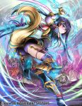  1girl blue_hair blush boots company_connection copyright_name dagger fire_emblem fire_emblem_cipher holding holding_weapon japanese_clothes katana knee_boots long_hair looking_at_viewer looking_back mask purple_legwear shorts sword tail thigh_strap toyota_saori violet_eyes weapon yuzu_(fire_emblem) 