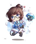  1girl black-framed_eyewear blue_eyes blush_stickers brown_hair chibi floating full_body fur-trimmed_coat glasses gun hair_bun hair_ornament hair_stick highres mei_(overwatch) overwatch short_hair simple_background smile snowball_(overwatch) solo tracyton weapon white_background 