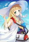  1girl bag blonde_hair braid cosmog dress duffel_bag green_eyes hat highres karumayu lillie_(pokemon) long_hair pokemon pokemon_(creature) pokemon_(game) pokemon_sm sky sleeveless sleeveless_dress sun_hat twin_braids white_dress white_hat 