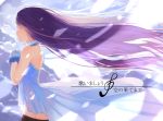  1girl absurdres black_legwear blue_dress closed_eyes dress frilled_gloves frills from_side gloves hands_clasped highres long_hair music open_mouth original profile purple_hair singing solo thigh-highs translation_request treble_clef very_long_hair wind xingno_dong_qingwa 