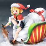  1girl bare_legs bbb_(33kudo) between_legs black_dress blonde_hair capelet christmas dress hat long_sleeves microdress open_mouth red_eyes rumia santa_hat sled snow solo touhou 