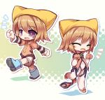  2girls blue_boots boots brown_hair chibi closed_eyes covered_navel crab_man dual_persona gradient gradient_background green_background hat jacket knee_boots leotard looking_at_viewer multiple_girls neneko orange_jacket paw_pose shirt short_hair shorts smile striped striped_shirt thigh-highs thigh_boots violet_eyes walking white_boots white_shorts yellow_background yellow_hat yumeria 