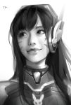  artist_name asian d.va_(overwatch) greyscale headphones highres light_smile lips long_hair looking_to_the_side monochrome overwatch portrait realistic simple_background sketch tracyton whisker_markings white_background 