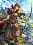  1boy arrow bandanna bow_(weapon) company_name copyright_name day earrings fingerless_gloves fire_emblem fire_emblem:_rekka_no_ken fire_emblem_cipher gloves grass green_hair horse horseback_riding jewelry male_focus official_art open_mouth quiver rath riding sky solo takaya_tomohide teeth weapon 