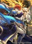  1boy armor blue_eyes boots cape company_connection copyright_name detached_sleeves eliwood_(fire_emblem) fire fire_emblem fire_emblem:_rekka_no_ken fire_emblem_cipher glowing glowing_weapon holding holding_weapon horse horseback_riding knee_boots looking_back male_focus pauldrons redhead riding sword weapon 