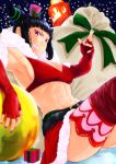  1girl alternate_costume armpits bokkusu breasts christmas cleavage drill_hair elbow_gloves fur_collar fur_trim gift gloves han_juri hat looking_at_viewer midriff mini_hat mini_top_hat nail_polish navel red_gloves sitting skirt smile snow snowing solo street_fighter street_fighter_v thigh-highs toned top_hat twin_drills 