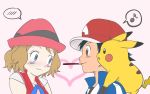  1boy 1girl artist_request baseball_cap blue_eyes blush brown_hair embarrassed food food_in_mouth hat heart highres looking_at_another musical_note pikachu pocky pokemon pokemon_(anime) pokemon_(creature) pokemon_(game) pokemon_xy satoshi_(pokemon) serena_(pokemon) short_hair sleeveless speech_bubble wavy_mouth 