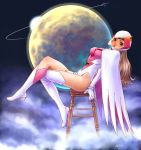  1girl blue_eyes boots brown_hair cape chair clouds gatchaman gloves helmet jun_the_swallow jun_the_swan leaning_back legs_crossed long_hair moon sitting solo tatsunoko_production visor 