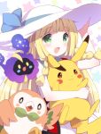  1girl blonde_hair braid cosmog dress green_eyes hat lillie_(pokemon) long_hair open_mouth pikachu pokemon pokemon_(creature) pokemon_(game) pokemon_sm rowlet sleeveless sleeveless_dress star starry_background sun_hat twin_braids watanohara white_dress white_hat 