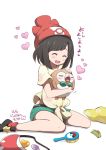  1girl bag bangs bare_legs beanie black_hair blush blush_stickers brush closed_eyes comb dated female_protagonist_(pokemon_sm) floral_print gameplay_mechanics handbag hat heart poke_ball_print pokemon pokemon_(game) pokemon_sm ragho_no_erika rowlet shirt shoes short_hair short_shorts short_sleeves shorts sitting sneakers swept_bangs t-shirt tied_shirt translated wariza 