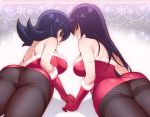  2girls akira_(natsumemo) ass bare_shoulders black_hair black_legwear blush breasts dual_persona fur_trim gloves gym_leader large_breasts long_hair looking_at_viewer looking_back multiple_girls natsume_(pokemon) pantyhose pokemon pokemon_(game) pokemon_frlg pokemon_hgss purple_hair red_eyes red_gloves thighband_pantyhose 