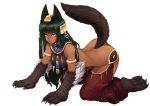  1girl 3:&lt; all_fours animal_ears anubis_(monster_girl_encyclopedia) armlet ass back barbariank bare_shoulders blush breasts butt_crack claws dark_skin egyptian full_body fur gold green_hair highres jewelry long_hair medium_breasts monster_girl monster_girl_encyclopedia paws red_eyes solo tail transparent_background 