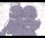  2girls ahoge blush breath closed_eyes fang full-face_blush greyscale hair_over_one_eye happy letterboxed long_hair monochrome multiple_girls original pic_k scarf shared_scarf sketch sleeves_past_wrists sweater yuri 