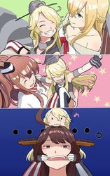  ... 4girls :3 ^_^ ahoge american_flag_legwear bare_shoulders blonde_hair blue_eyes braid breasts brown_eyes brown_hair carrying cleavage closed_eyes crown delusion_empire detached_sleeves double_bun dress empty_eyes french_braid gloves green_eyes grin hairband headgear iowa_(kantai_collection) japanese_clothes jewelry kantai_collection kongou_(kantai_collection) long_hair miniskirt mouth_pull multiple_girls musical_note necklace nontraditional_miko off-shoulder_dress off_shoulder piggyback princess_carry red_ribbon ribbon ribbon-trimmed_sleeves ribbon_trim saratoga_(kantai_collection) sitting sitting_on_lap sitting_on_person skirt smile star starry_background teeth thigh-highs warspite_(kantai_collection) white_dress wrist_cuffs younger 