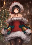  1girl bare_shoulders blush breasts christmas christmas_ornaments christmas_tree cleavage dress gloves hat kantai_collection large_breasts looking_at_viewer myoukou_(kantai_collection) pantyhose pine_tree red_dress santa_costume santa_hat short_dress short_hair smile snow snowing solo strapless strapless_dress toka_(marchlizard) tree 