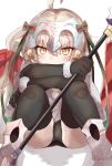  1girl absurdres ahoge bell black_legwear blonde_hair blush boots brown_eyes capelet covered_mouth crossed_arms elbow_gloves fate/grand_order fate_(series) fur_trim gloves green_ribbon hair_ribbon headpiece highres holding holding_weapon jeanne_alter jeanne_alter_(santa_lily)_(fate) knees_up lance looking_at_viewer panties pantyshot pantyshot_(sitting) polearm ranf red_ribbon ribbon ruler_(fate/apocrypha) shadow simple_background sitting solo striped striped_ribbon thigh-highs thighs underwear weapon white_background 