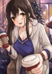  1girl akagi_(kantai_collection) bangs blouse blue_blouse blurry blush breasts brown_eyes brown_hair cardigan christmas_tree cleavage coffee_cup cup depth_of_field eyebrows_visible_through_hair fukuroumori hair_between_eyes holding holding_cup kantai_collection large_breasts leaning_forward long_hair looking_at_viewer open_mouth outdoors smile snow solo watch watch 