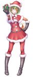  1girl animal_ears black_gloves boots elbow_gloves full_body furry gift gloves green_hair grin hand_on_hip hat highres knee_boots one_eye_closed pantyhose pigeon-toed red_legwear santa_costume santa_hat simple_background skirt smile solo tail tewatasanaiinu white_background wokada 