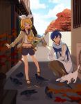 1boy 1girl animal belt bird blonde_hair blue_hair bow branch cardigan cat clouds coat eating food hair_ornament hairclip kagamine_rin kaito kneeling leaf legs long_sleeves navel nokuhashi open_mouth outdoors plant road sailor_collar sandals scarf short_hair shorts sky smile street tree tree_branch vocaloid 