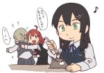  3girls ?? ahoge arashi_(kantai_collection) betchan black_hair collared_shirt colored commentary commentary_request flipped_hair fork green_eyes grey_hair hair_ornament kantai_collection long_hair multiple_girls musical_note nowaki_(kantai_collection) oyashio_(kantai_collection) plate redhead school_uniform shirt short_hair simple_background sweatdrop translation_request violet_eyes white_background 