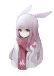  1girl animal_ears expressionless eyebrows_visible_through_hair fringe grey_hair gyup91 highres long_hair looking_at_viewer original rabbit_ears red_eyes simple_background snowflake_print solo upper_body white_background 