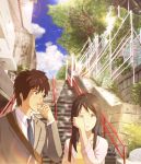  1boy 1girl black_hair blue_eyes brown_eyes brown_hair clouds cloudy_sky commentary_request crying crying_with_eyes_open formal highres kimi_no_na_wa lens_flare long_hair miyamizu_mitsuha older sky spoilers stairs suit sunday-offline tachibana_taki tears tree wiping_tears 